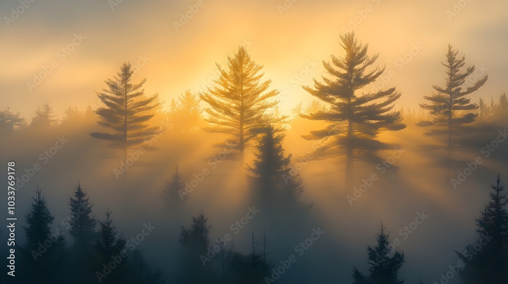 A serene foggy forest scene at dawn showcases soft golden sunlight filtering through mist, creating an ethereal atmosphere with glowing silhouettes of trees and tranquil foliage. A serene foggy forest scene at dawn showcases soft golden sunlight filtering through mist, creating an ethereal atmosphere with glowing silhouettes of trees and tranquil foliage.