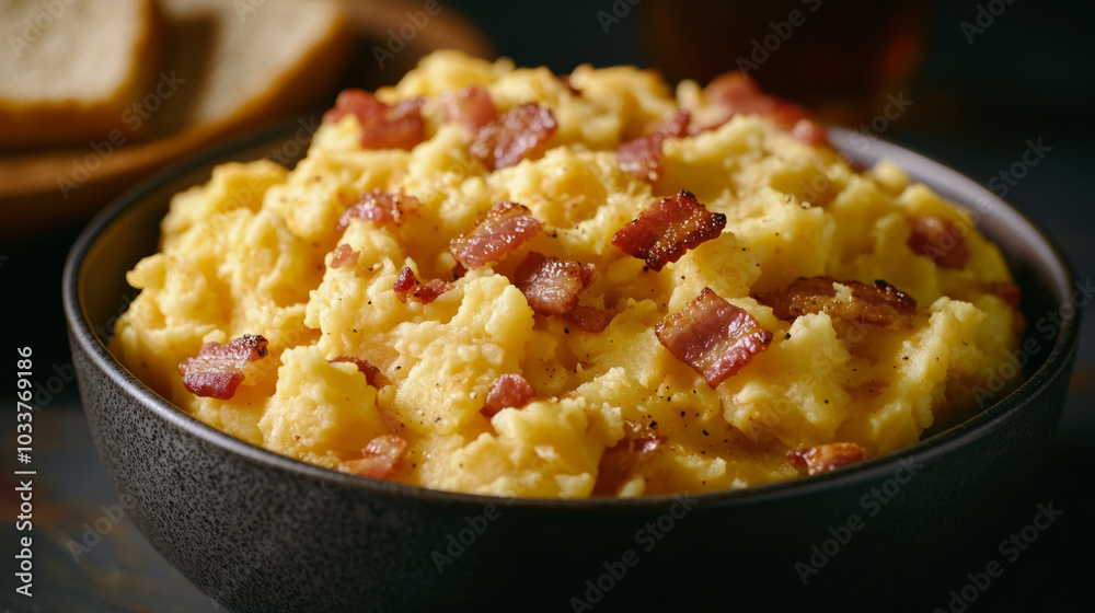 Scrambled eggs with bacon, Food stock photo Scrambled eggs with bacon, Food stock photo