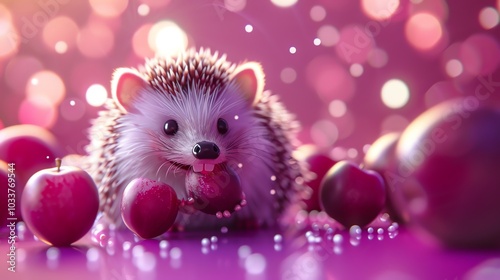 A cute cartoon hedgehog eating an apple.