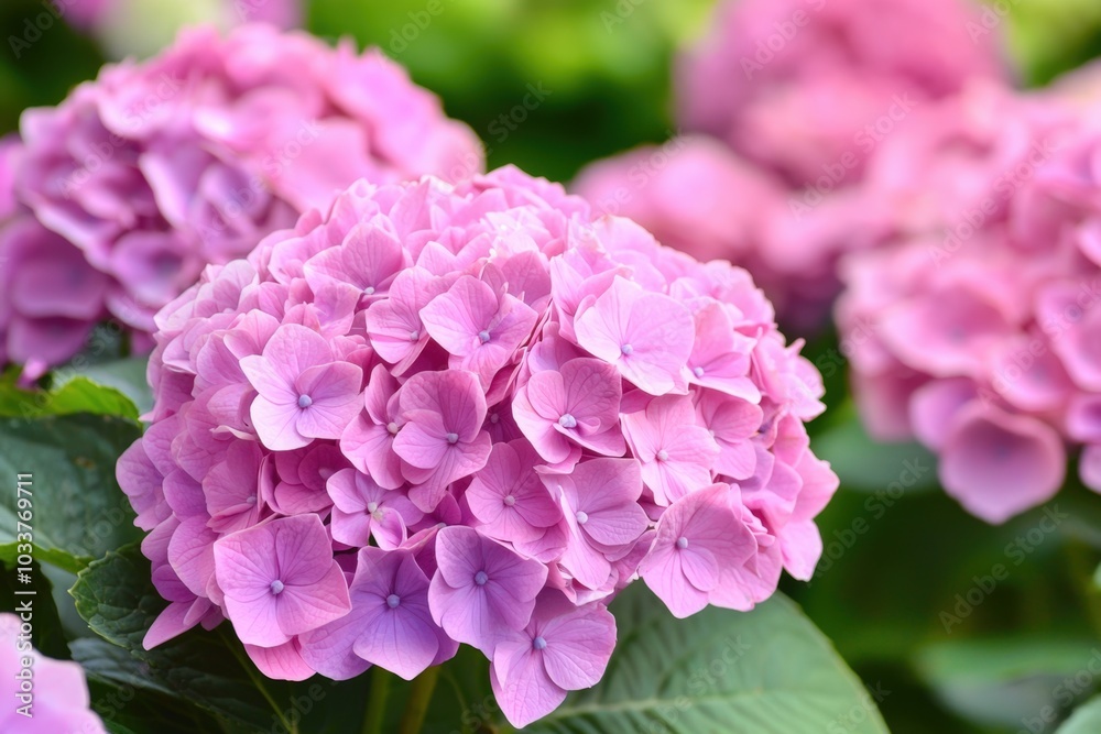 Vibrant pink hydrangea blossoms bloom abundantly in a lush garden during summer's warmth Vibrant pink hydrangea blossoms bloom abundantly in a lush garden during summer's warmth