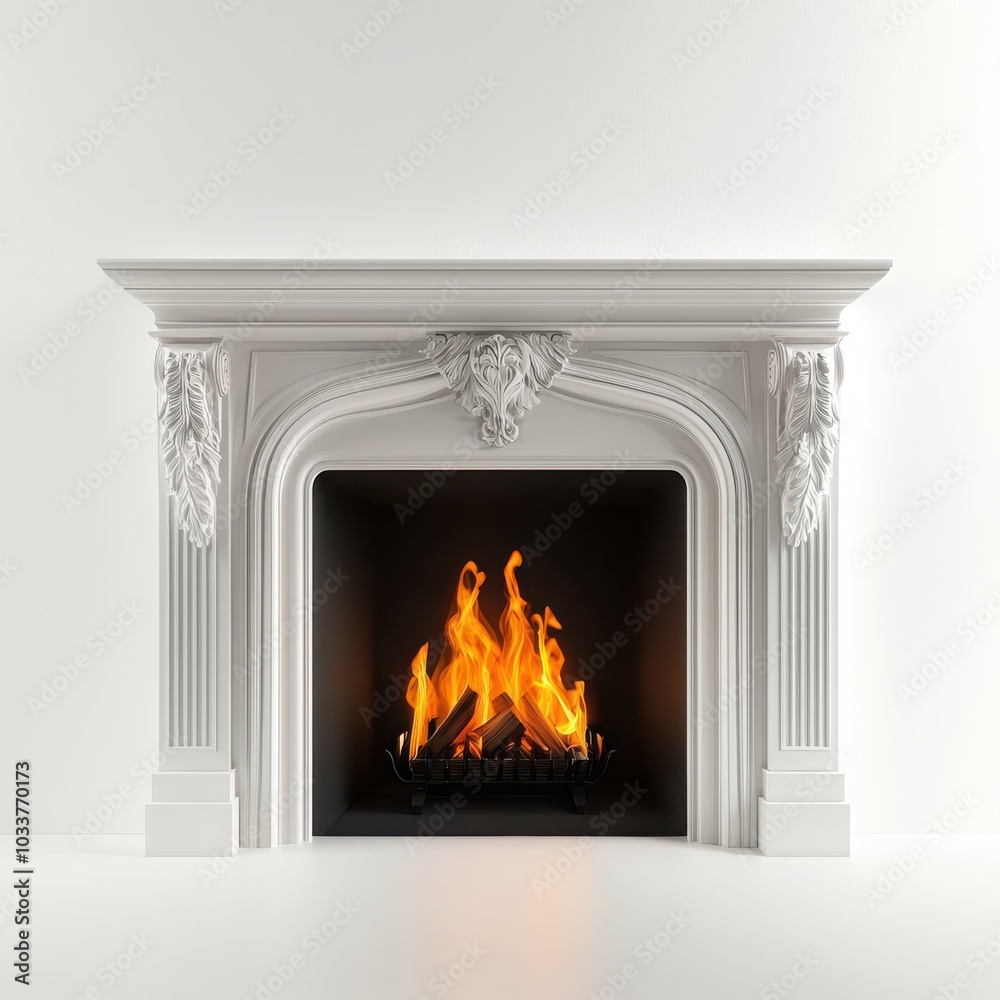 Elegant white fireplace with glowing flames, minimalist design, white isolated background. Elegant white fireplace with glowing flames, minimalist design, white isolated background.