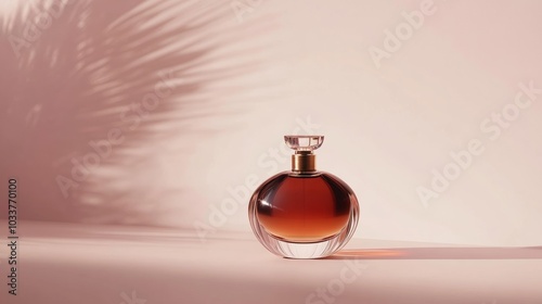 A bottle of perfume is sitting on a table with a pink background