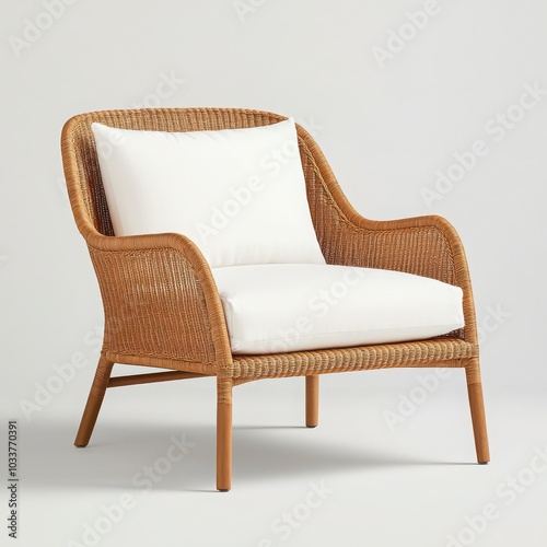 Stylish wicker armchair with a white cushion, perfect for modern interiors.