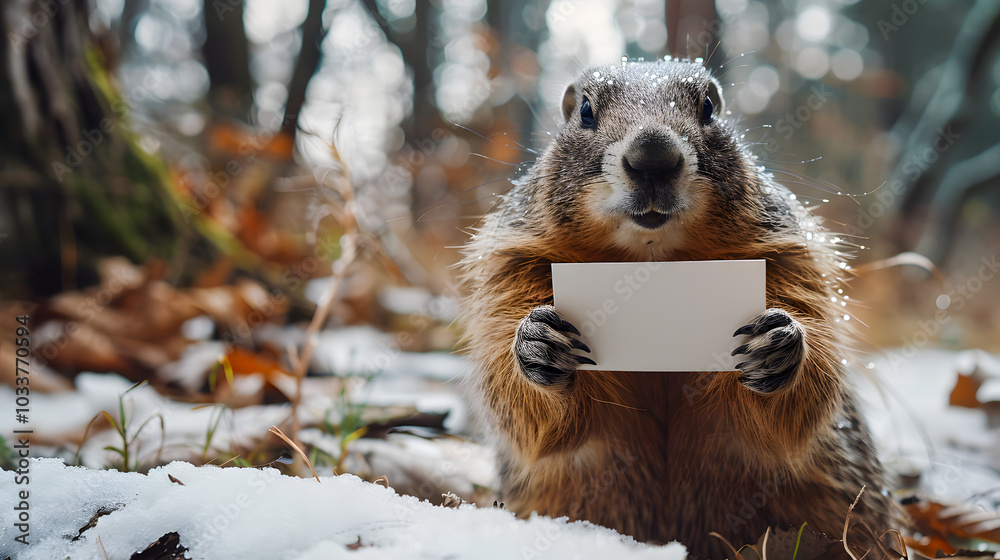 Naklejka premium Groundhog Day, groundhog holding a mock up card, groundhog holding a blank white card