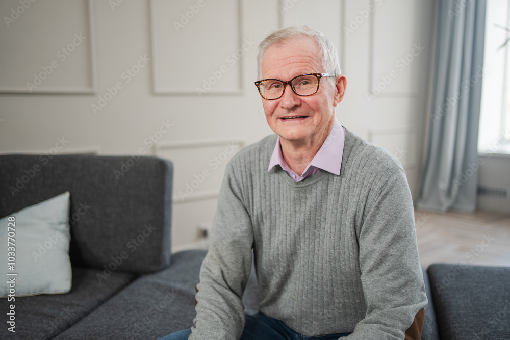 Portrait of confident stylish European middle aged senior man at home. Older mature 70s man smiling. Happy attractive senior grandfather looking camera close up face headshot portrait. Happy people Portrait of confident stylish European middle aged senior man at home. Older mature 70s man smiling. Happy attractive senior grandfather looking camera close up face headshot portrait. Happy people