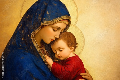 Mary gently holding baby Jesus close, with a glowing halo, symbolizing divine love


