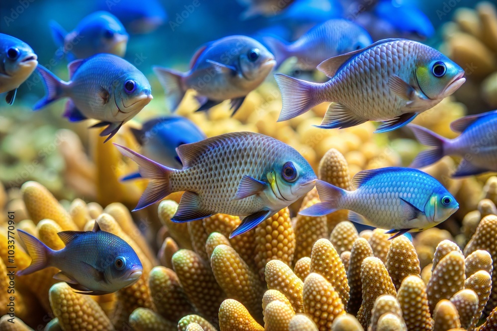 Fototapeta premium School of blue fish swimming through vibrant coral reef
