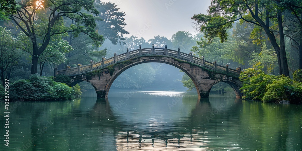 Fototapeta premium Arched bridge at sunset in a traditional Jiangnan water town, Zhejiang province. A beautiful depiction of Chinese culture with serene waterways, ancient architecture, and golden sunset light reflectin