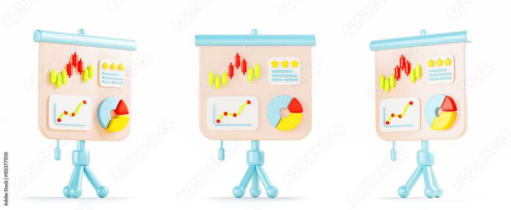 3d set of flipchart with infographic charts and diagrams front side view. Whiteboard on tripod for business presentation of statistics and analytics data. Cartoon isolated render icon. 3D illustration 3d set of flipchart with infographic charts and diagrams front side view. Whiteboard on tripod for business presentation of statistics and analytics data. Cartoon isolated render icon. 3D illustration