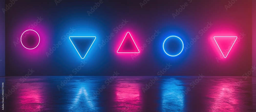 Fototapeta premium Neon Geometric Shapes in a Dark Room
