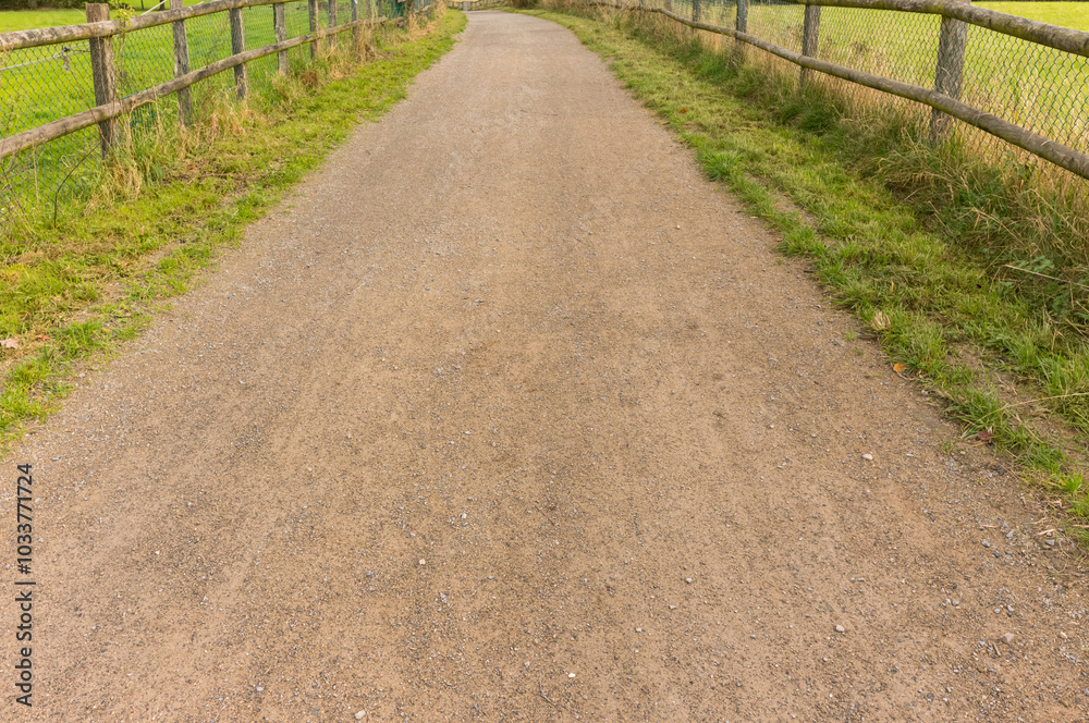 Gravel road leading through green fields and wooden fences Gravel road leading through green fields and wooden fences