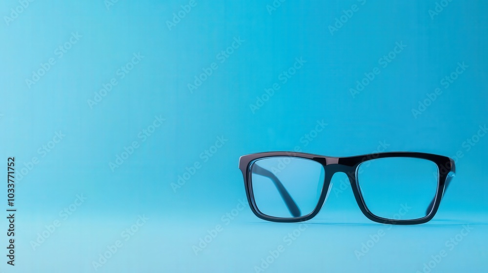 A pair of stylish black glasses set against a bright blue background, perfect for showcasing modern eyewear design and fashion trends in photography. A pair of stylish black glasses set against a bright blue background, perfect for showcasing modern eyewear design and fashion trends in photography.