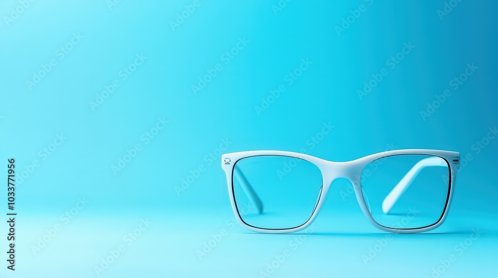A pair of stylish white glasses resting on a vibrant blue background, perfect for showcasing modern eyewear design in a minimalist style. A pair of stylish white glasses resting on a vibrant blue background, perfect for showcasing modern eyewear design in a minimalist style.
