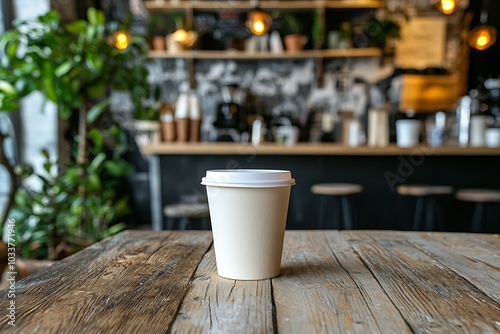black coffee takeaway cup on wooden table in cafe