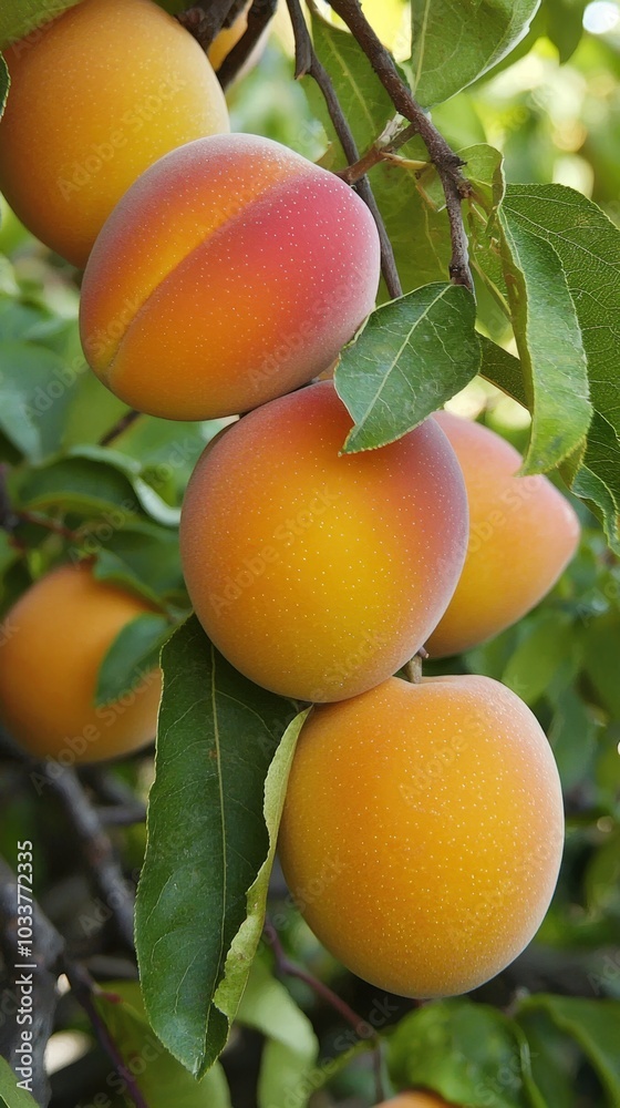 Ripe apricots hang gracefully on a sunlit branch in a vibrant orchard during summer Ripe apricots hang gracefully on a sunlit branch in a vibrant orchard during summer