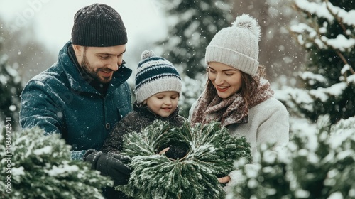 A happy family in matching winter coats choosing festive holiday wreaths together in a snowy forest landscape with gentle snow falling in the deep depth of field