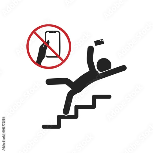 Isolated illustration of man stick figure walking down stair with hold or while use hand phone, no phone usage red circle crossed, for caution cell phone using restricted safety sign