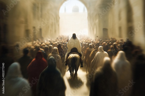 Large crowd following a man on a donkey through a sunlit ancient city
