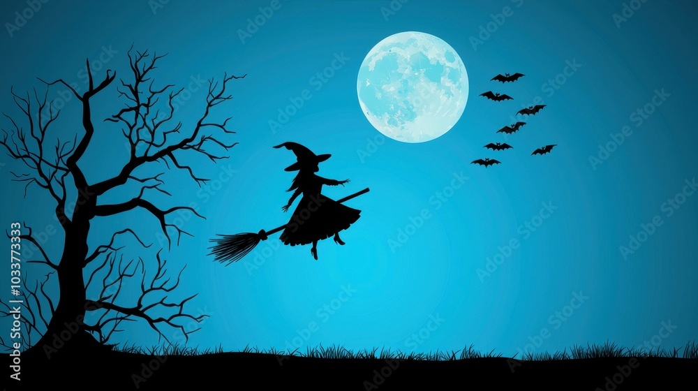 Fototapeta premium Witch flying on a broomstick, full moon and stars, flat design illustration 