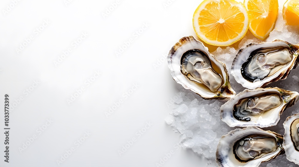 Fresh oysters rest on ice with lemon wedges, featuring open shells revealing glistening meat, presented in high-contrast macro food photography for a luxurious culinary look. Fresh oysters rest on ice with lemon wedges, featuring open shells revealing glistening meat, presented in high-contrast macro food photography for a luxurious culinary look.
