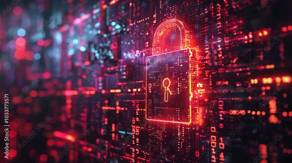 Fototapeta premium Glowing Cybersecurity Padlock Representing Digital Data Protection and Online Privacy in Red Tech Background Concept of Cyber Security Internet Safety