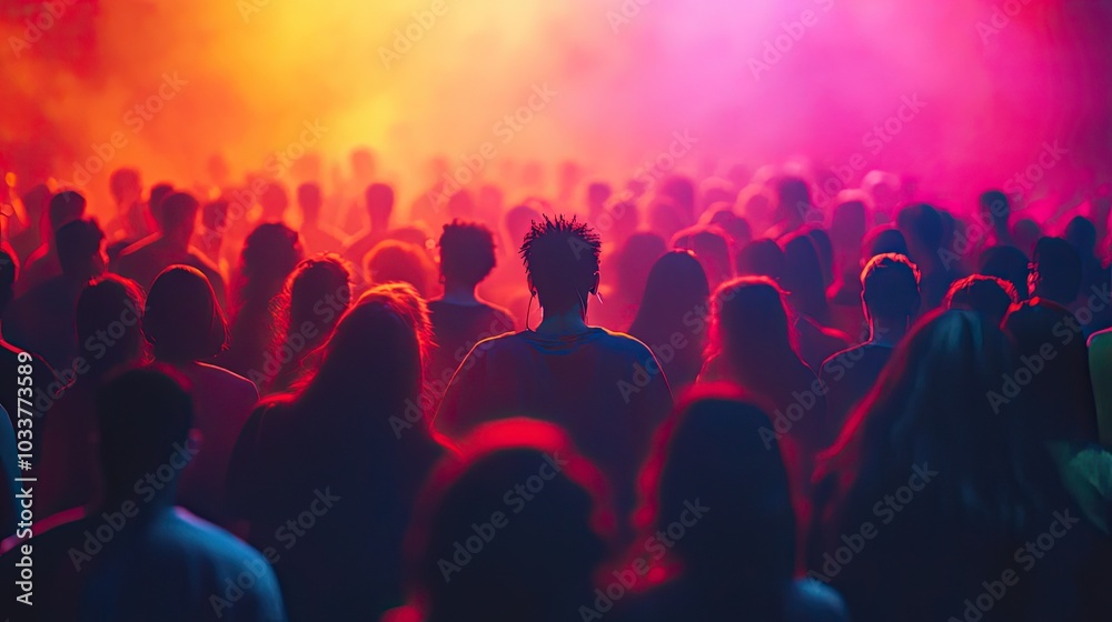 Crowd of people at a concert. This photo showcases the atmosphere of a live music event, with silhouettes of people enjoying the performance. Crowd of people at a concert. This photo showcases the atmosphere of a live music event, with silhouettes of people enjoying the performance.