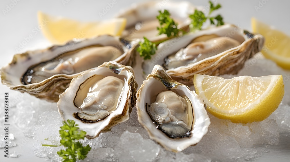 Fresh oysters rest on ice with lemon wedges, featuring open shells revealing glistening meat, presented in high-contrast macro food photography for a luxurious culinary look. Fresh oysters rest on ice with lemon wedges, featuring open shells revealing glistening meat, presented in high-contrast macro food photography for a luxurious culinary look.