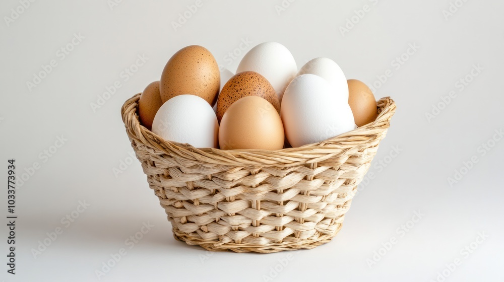 several brown and white chicken eggs carefully placed in a woven several brown and white chicken eggs carefully placed in a woven