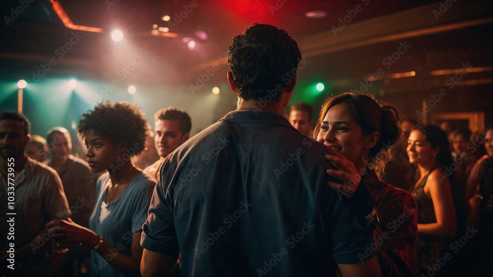 Obraz premium Couple enjoying a romantic dance in a lively nightclub surrounded by friends and vibrant lighting
