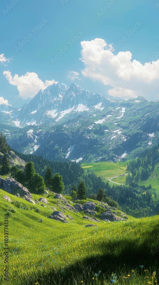 Fototapeta premium Majestic mountains soar over lush green valleys on a sunny day in the countryside