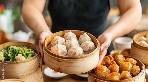 A person holds a bamboo steamer filled with dumplings, surrounded by various delicious dishes, showcasing vibrant colors and textures of Asian cuisine.