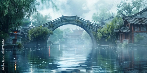 Arched bridge at sunset in a traditional Jiangnan water town, Zhejiang province. A beautiful depiction of Chinese culture with serene waterways, ancient architecture, and golden sunset light reflectin photo