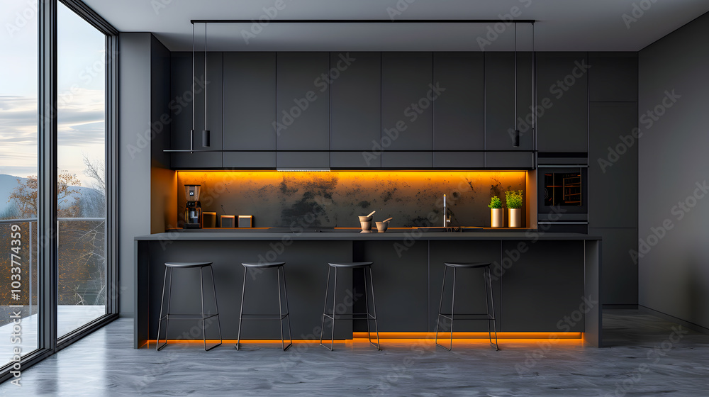 Dark matte modern kitchen room 3D rendering Design Dark matte modern kitchen room 3D rendering Design