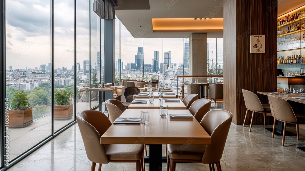 Fototapeta premium Modern Restaurant with Scenic City View