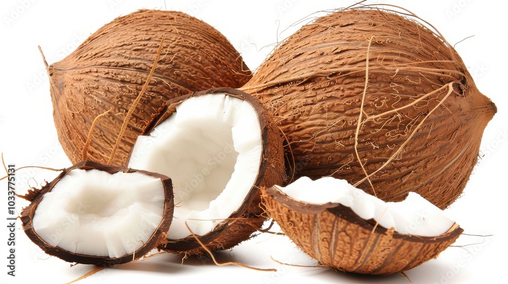 Fresh Coconut Isolated on a White Background for Tropical Themed Designs, Advertisements, and Culinary Use Fresh Coconut Isolated on a White Background for Tropical Themed Designs, Advertisements, and Culinary Use