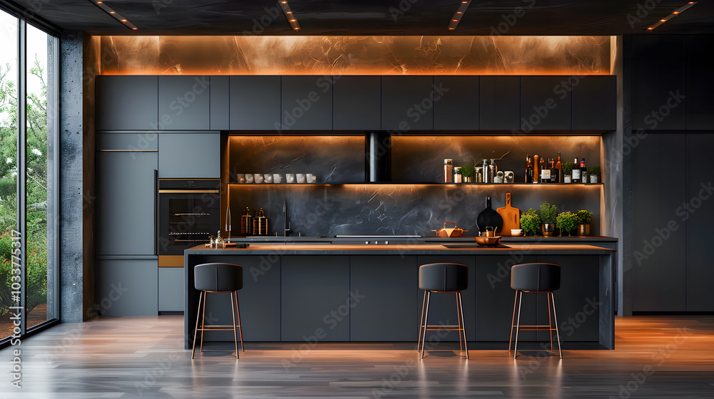 Dark matte modern kitchen room 3D rendering Design Dark matte modern kitchen room 3D rendering Design