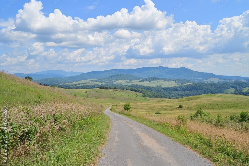 A winding road through serene pastures under a vibrant blue sky in the countryside A winding road through serene pastures under a vibrant blue sky in the countryside