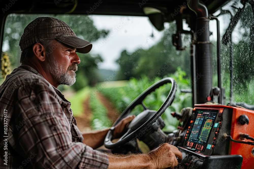 Farmer driving tractor through field. He is focused on the task at hand, as he operates the equipment.