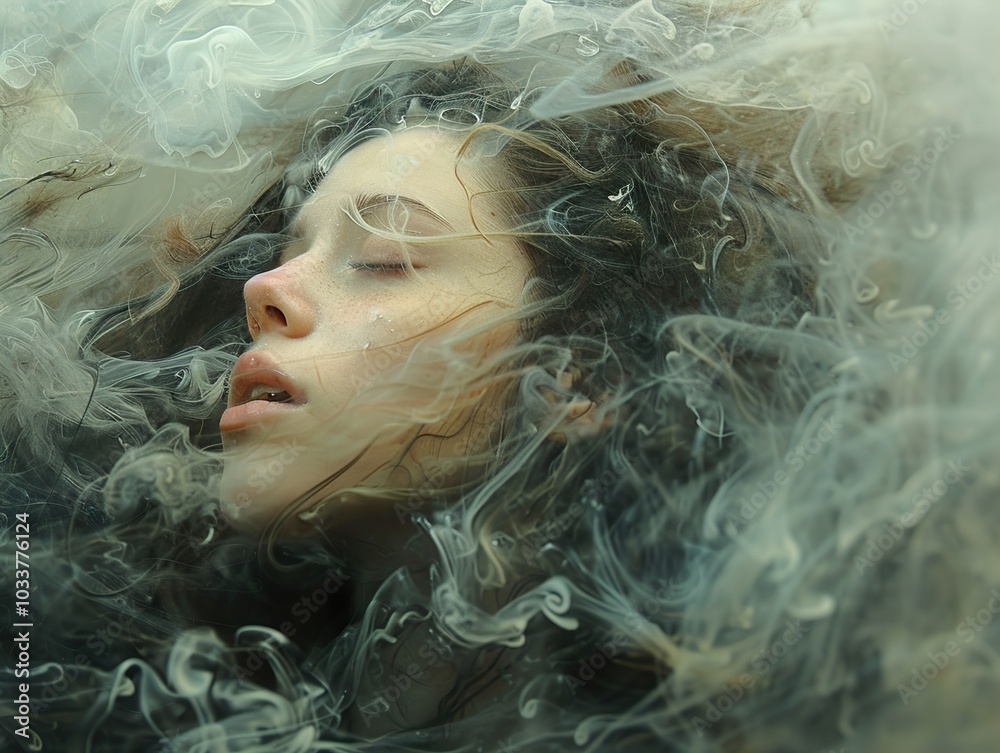 Dreamy Portrait of a Woman Surrounded by Smoke Dreamy Portrait of a Woman Surrounded by Smoke