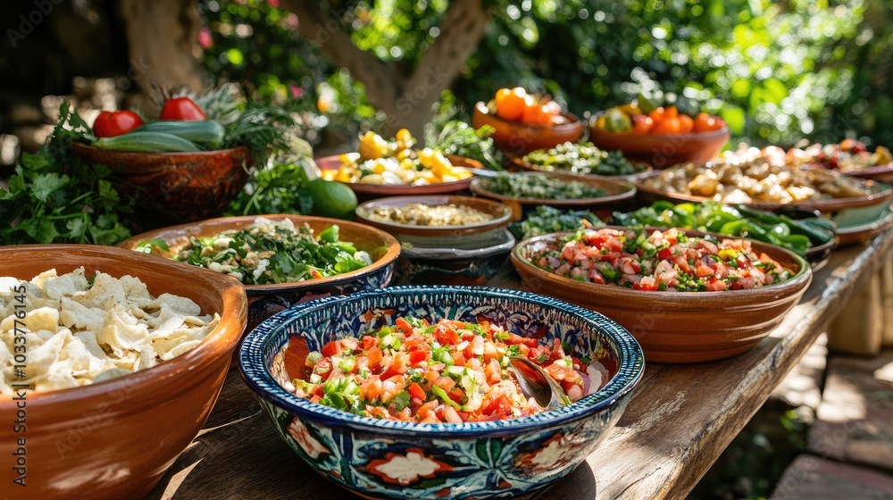 Fototapeta premium A table of colorful, delicious food. Perfect for a blog about food, cooking, or healthy eating.