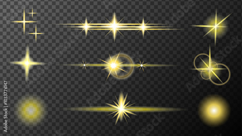 Set Sparkles Star. Radiance flash rays Gold Glow lighting. Collection of different light effects golden glitter, star shine.Transparent background.Festive background with gold glitter and confetti.