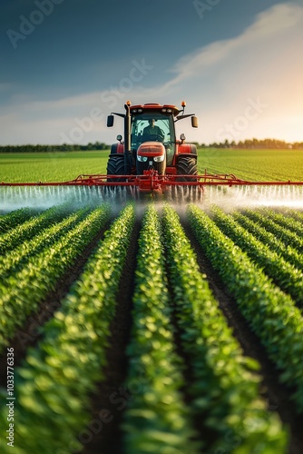 A dynamic shot of a tractor spraying pesticide across lush green crops in a sunlit field, highlighting modern agricultural practices and vibrant growth.