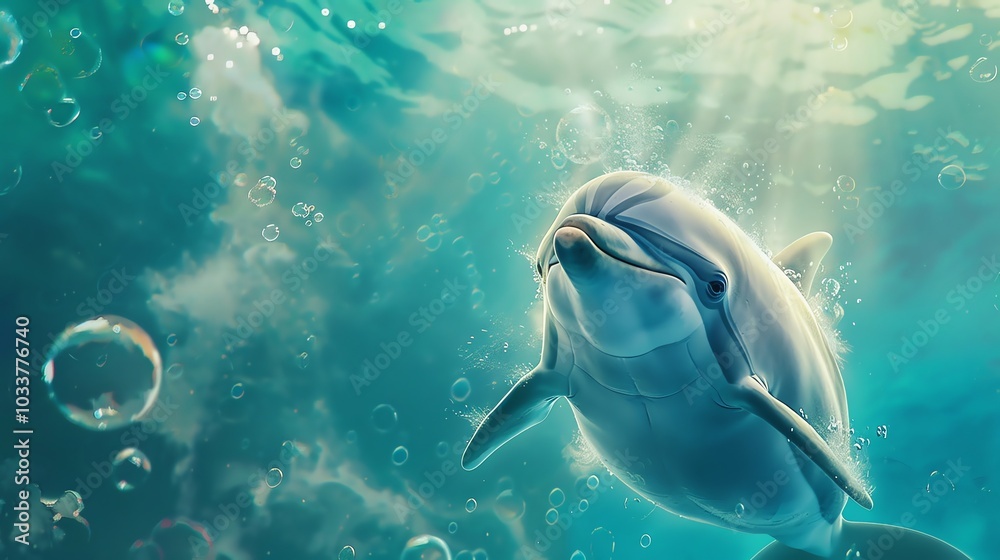 Fototapeta premium A dolphin swims in the ocean with bubbles rising around it.