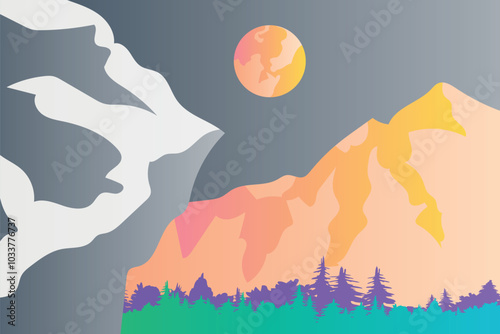 Night moon mountains landscape gradient color illustration