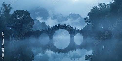 Arched bridge at sunset in a traditional Jiangnan water town, Zhejiang province. A beautiful depiction of Chinese culture with serene waterways, ancient architecture, and golden sunset light reflectin photo