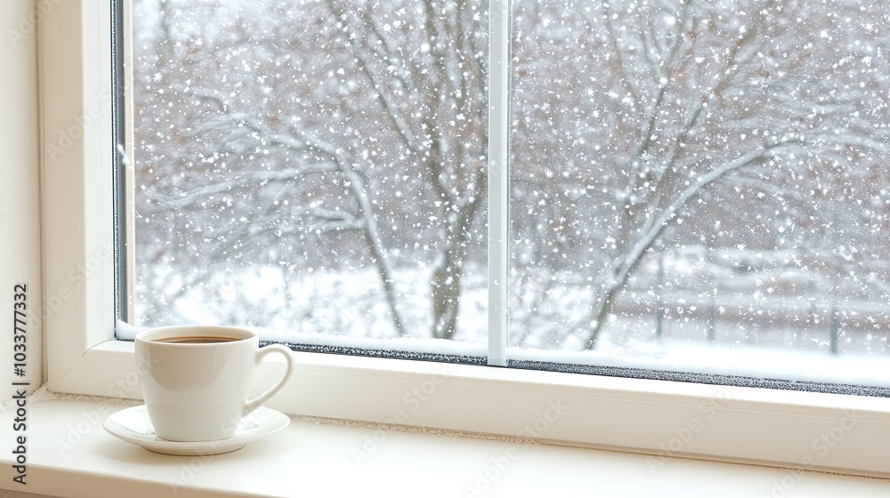Fototapeta premium A warm cup of coffee rests on a wooden table, surrounded by a cozy blanket, while beautiful snow-covered trees and houses are viewed through the window