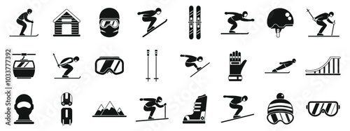 Ski jumping icons set. People skiing and downhill skiing equipment icon set in simple style