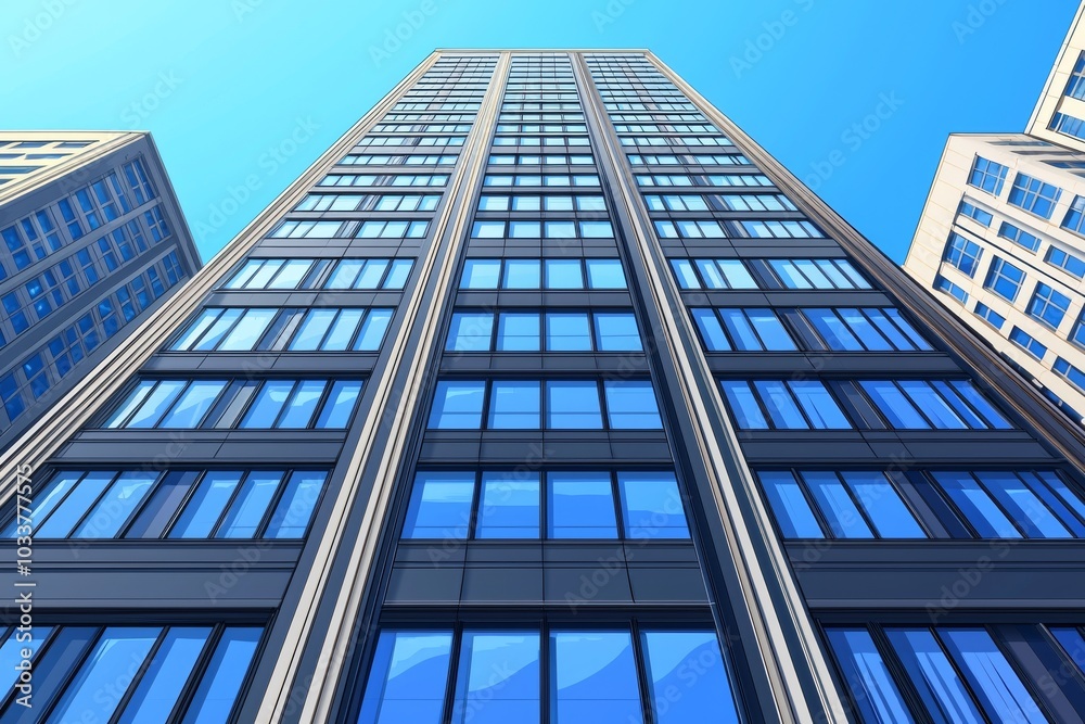 A striking view of a modern skyscraper showcasing sleek blue glass and sharp architectural lines against a clear sky. A striking view of a modern skyscraper showcasing sleek blue glass and sharp architectural lines against a clear sky.