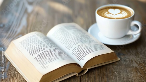 An open book and a cup of coffee on a wooden table.