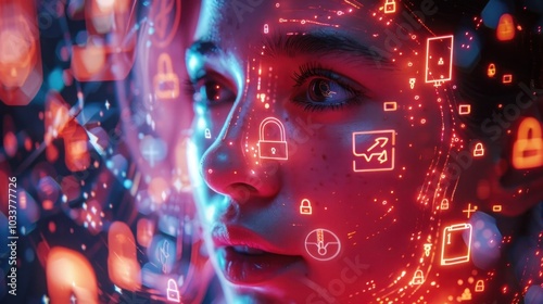 Cyberwoman   Glowing Digital Face with Futuristic Data Codes and Neon Lights in Surreal Inspired photo